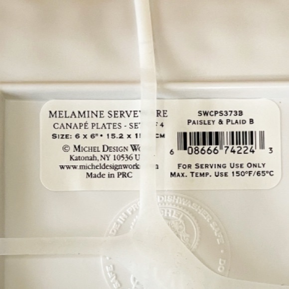 NEW MICHEL DESIGN WORKS PAISLEY & PLAID Set/4 Melamine Canapé Plates - Picture 5 of 5